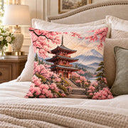 Japanese Pagoda quilted throw pillow, AI-generated bedroom mockup