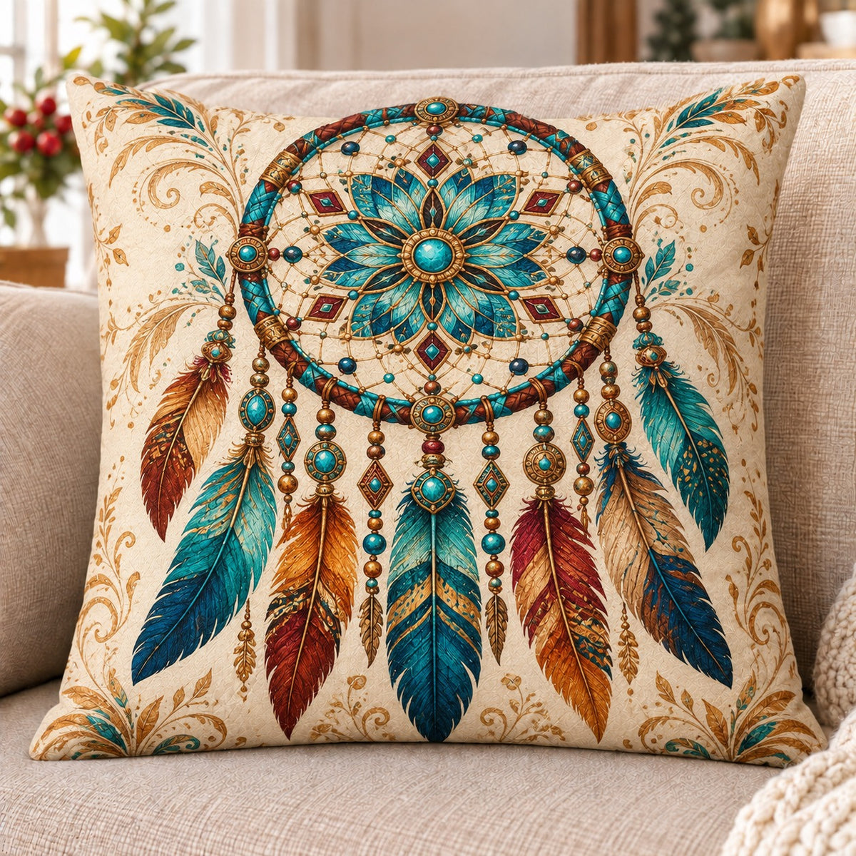 Turquoise Dreamcatcher Quilted Throw Pillow, Boho Home Decor, Gift for Dreamers