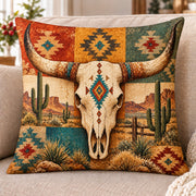 Western Bull Skull quilted throw pillow, AI-generated styled mockup