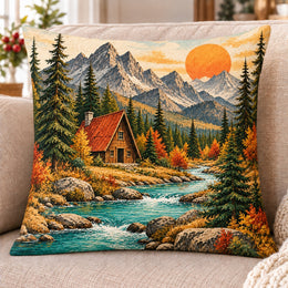 Mountain Cabin Quilted Throw Pillow, Rustic Home Decor, Gift for Nature Lovers