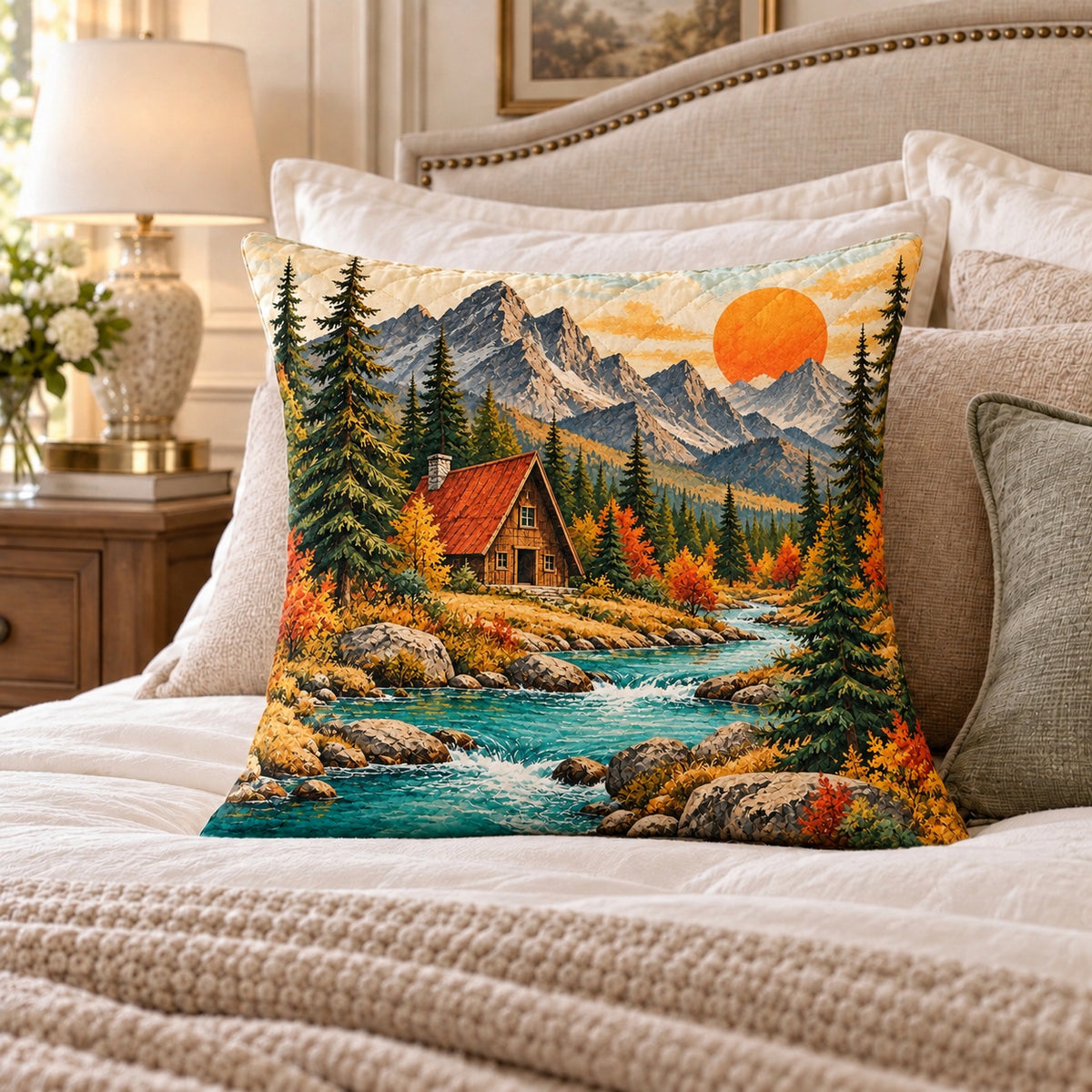 Mountain Cabin quilted throw pillow, AI-generated styled mockup