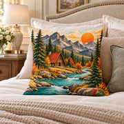 Mountain Cabin quilted throw pillow, AI-generated styled mockup