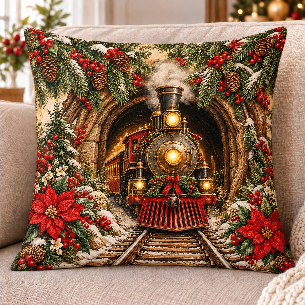 Christmas Steam Train quilted throw pillow, AI-generated styled mockup