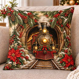 Christmas Steam Train Quilted Throw Pillow, Holiday Decor, Gift for Train Lovers