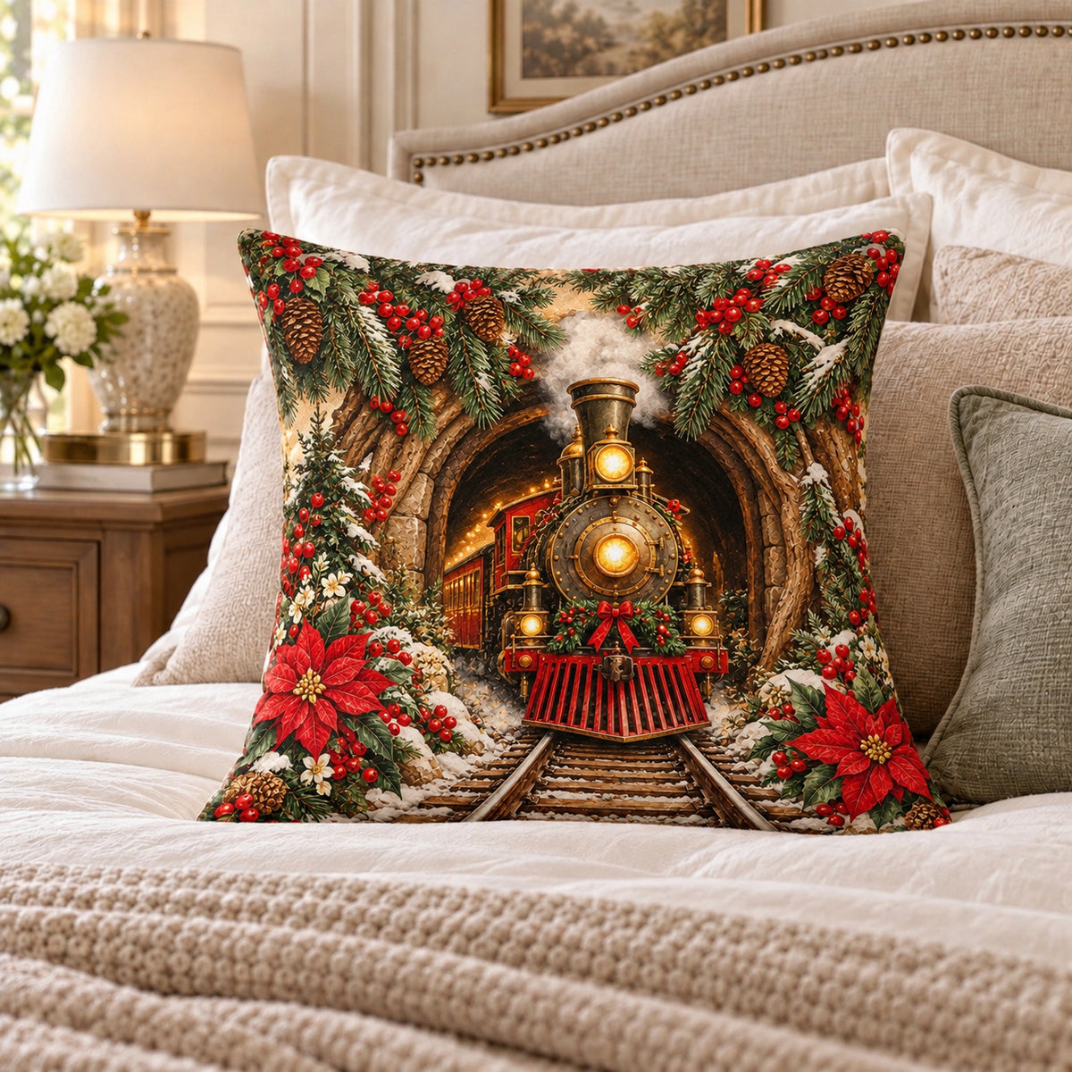Christmas Steam Train quilted throw pillow, AI-generated styled mockup