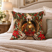 Christmas Steam Train quilted throw pillow, AI-generated styled mockup