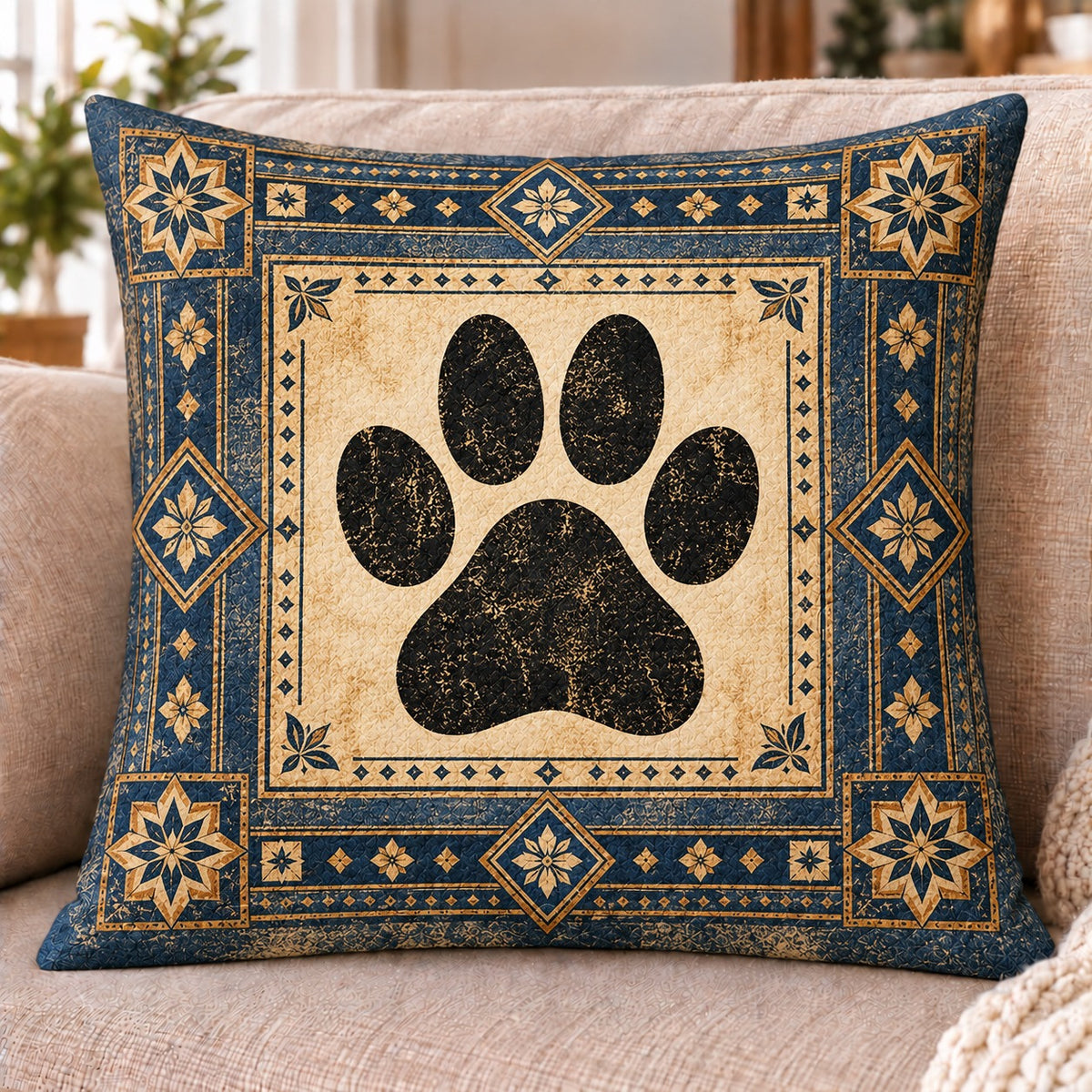 Navy Paw Print Quilted Throw Pillow, Cozy Home Decor, Gift for Pet Lovers