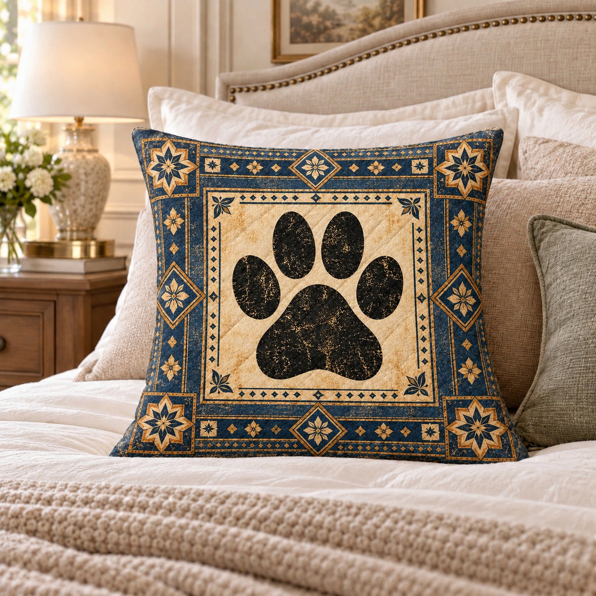 Navy Paw Print quilted throw pillow, AI-generated styled mockup