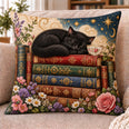 Sleeping Black Cat Quilted Throw Pillow, Bookish Home Decor, Gift for Book Lovers