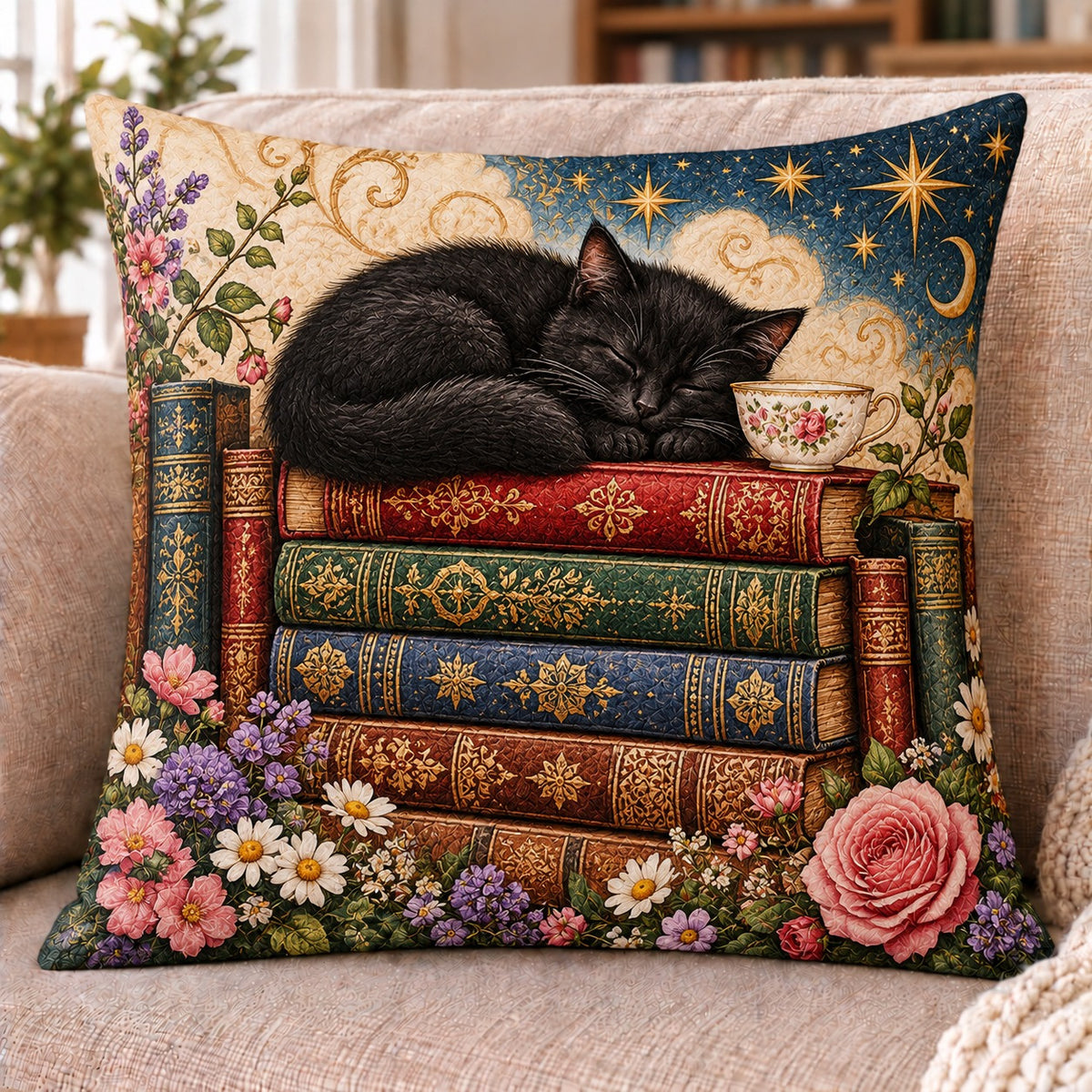 Sleeping Black Cat Quilted Throw Pillow, Bookish Home Decor, Gift for Book Lovers