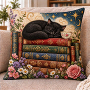 Sleeping Black Cat quilted throw pillow, AI-generated styled mockup