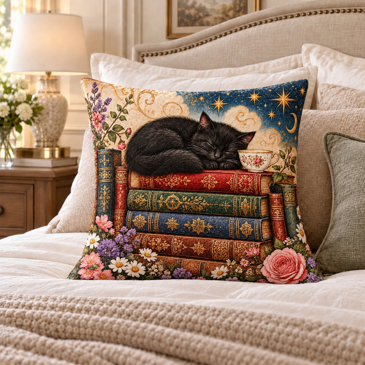 Sleeping Black Cat quilted throw pillow, AI-generated styled mockup
