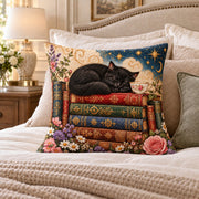 Sleeping Black Cat quilted throw pillow, AI-generated styled mockup
