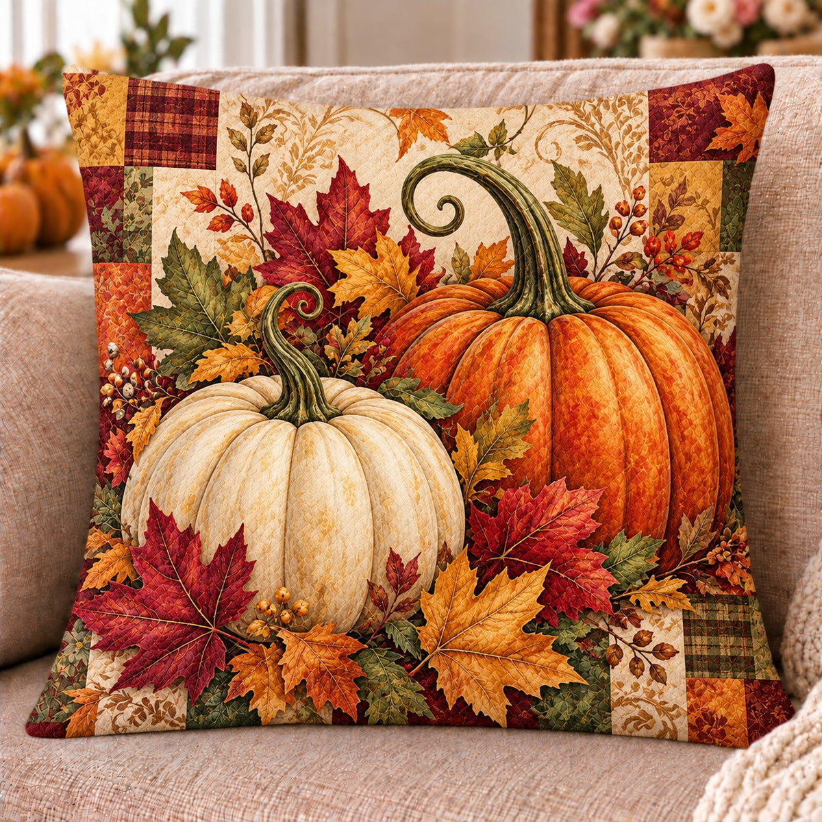 Autumn Pumpkins quilted throw pillow, AI-generated styled mockup