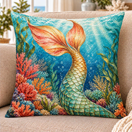 Mermaid Tail Quilted Throw Pillow, Coastal Ocean Decor, Gift for Mermaid Lovers