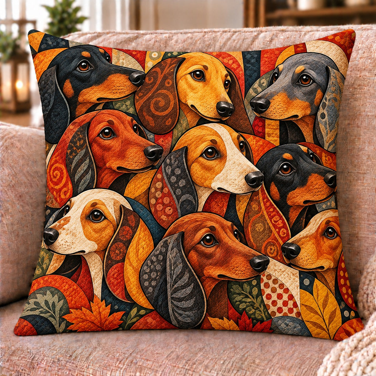 Dachshund Patchwork Quilted Throw Pillow, Colorful Dog Decor, Gift for Dachshund Lovers