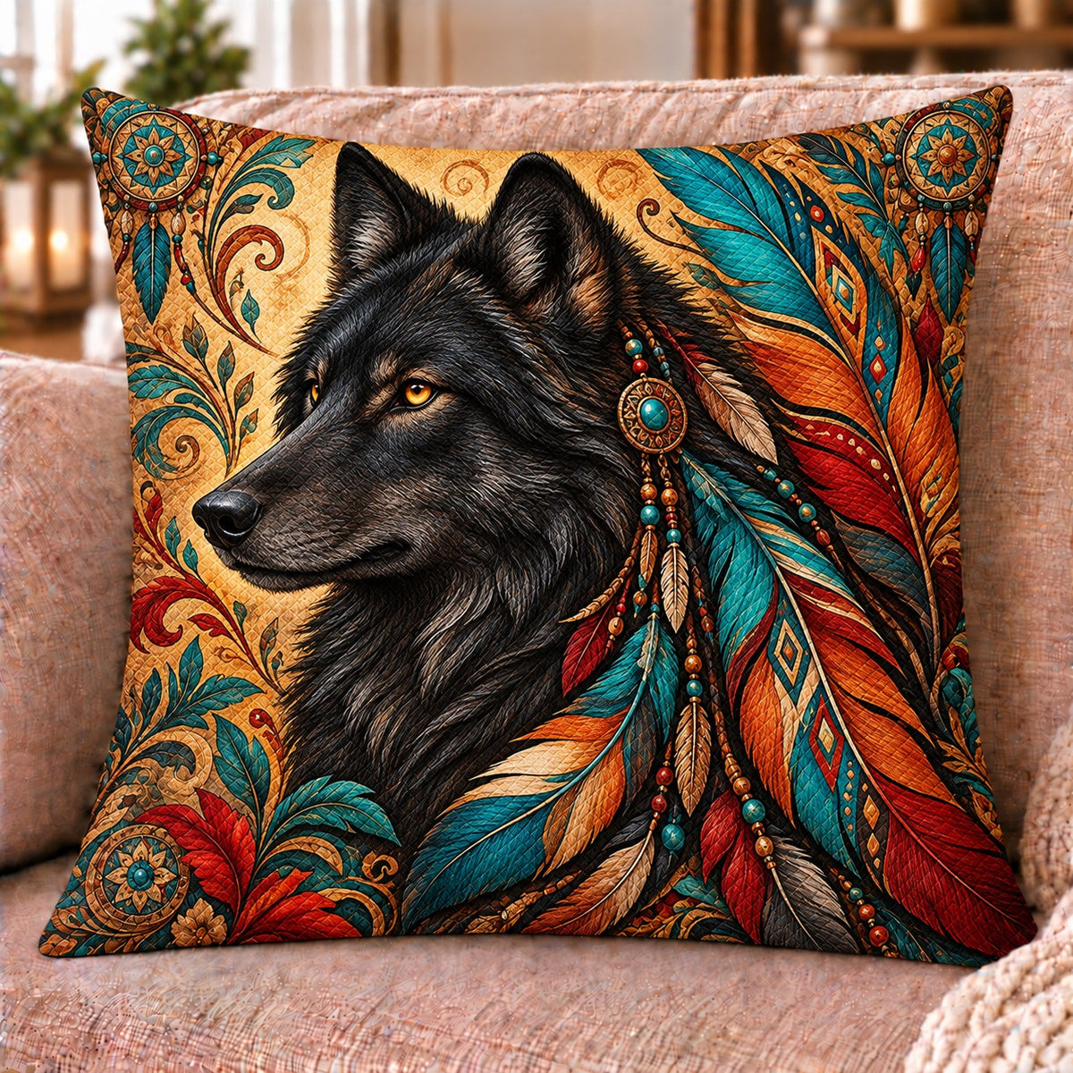 Black Wolf and Feathers quilted throw pillow, AI-generated styled mockup