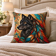 Black Wolf and Feathers quilted throw pillow, AI-generated styled mockup