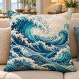 Blue Ocean Wave Quilted Throw Pillow, Japanese Coastal Decor, Gift for Ocean Lovers