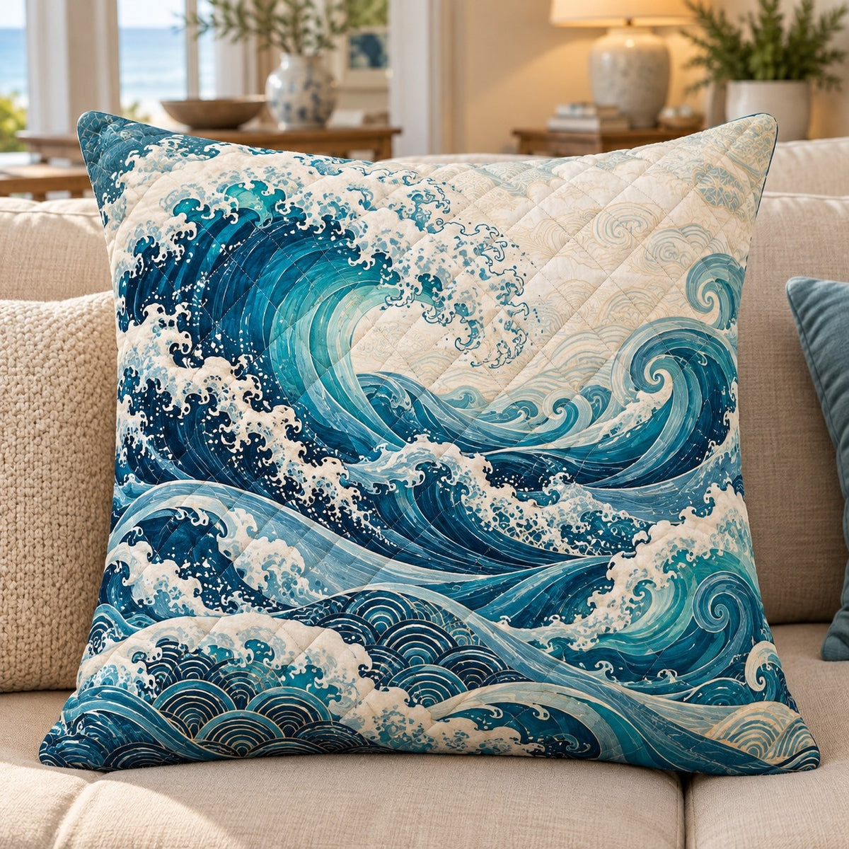 Blue Japanese ocean wave quilted throw pillow, AI-generated sofa mockup