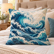 Blue Japanese ocean wave quilted throw pillow, AI-generated bedroom mockup