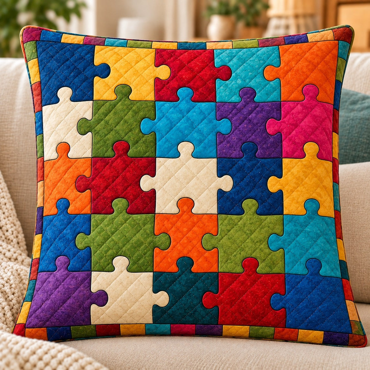 Colorful Puzzle Pieces Quilted Throw Pillow, Rainbow Home Decor, Gift for Puzzle Lovers