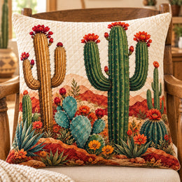 Desert Cactus Quilted Throw Pillow, Southwest Botanical Decor, Gift for Cactus Lovers