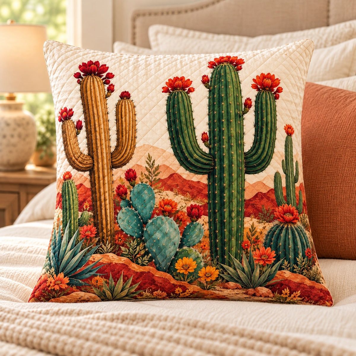 Desert Cactus Quilted Throw Pillow, AI-generated bedroom mockup