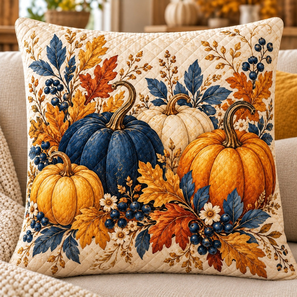Blue and Orange Pumpkins Quilted Throw Pillow, AI-generated sofa mockup