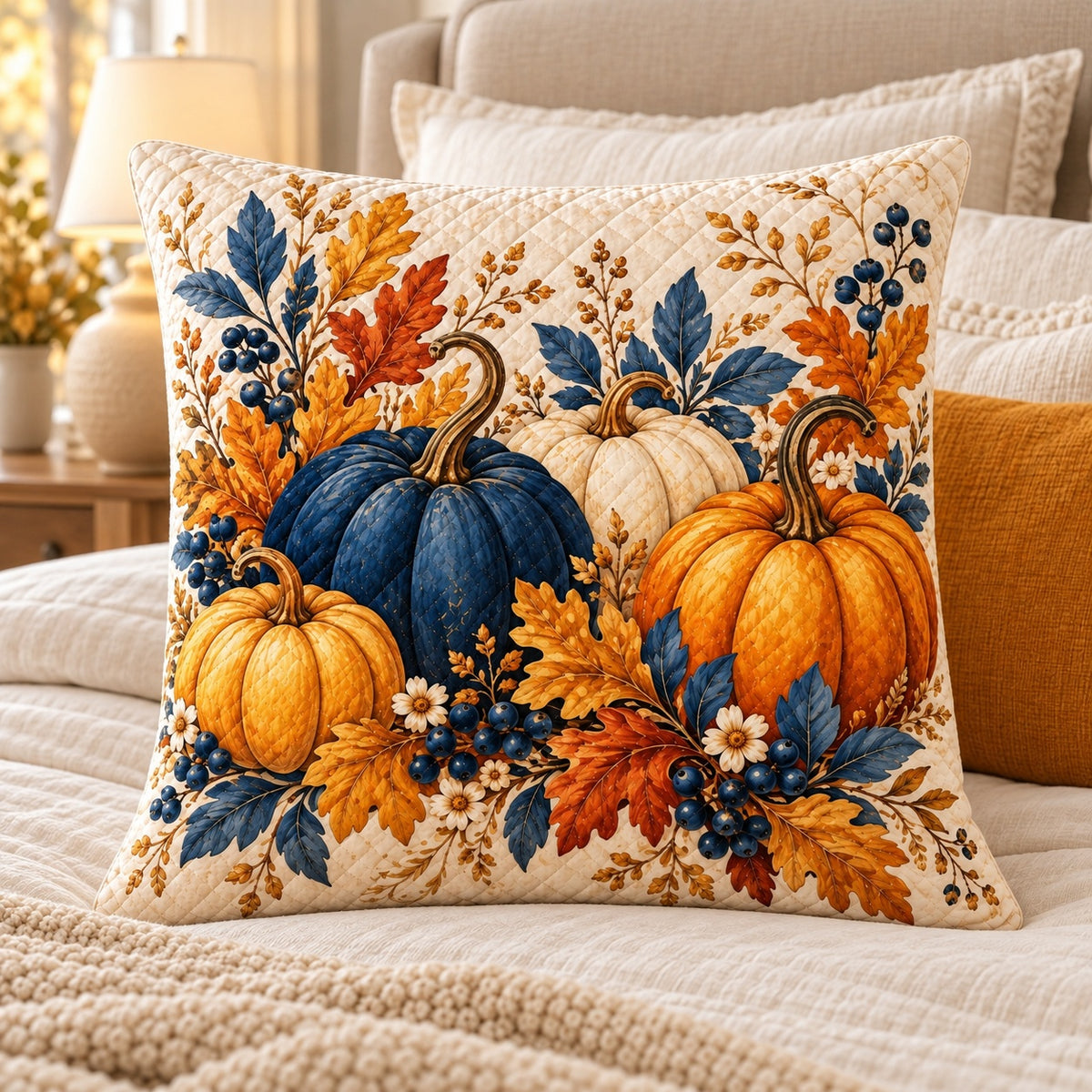 Blue and Orange Pumpkins Quilted Throw Pillow, AI-generated bedroom mockup