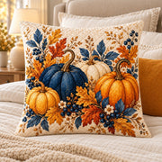 Blue and Orange Pumpkins Quilted Throw Pillow, AI-generated bedroom mockup