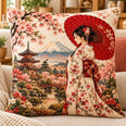 Japanese Kimono Woman Quilted Throw Pillow, Cherry Blossom Decor, Gift for Japan Lovers