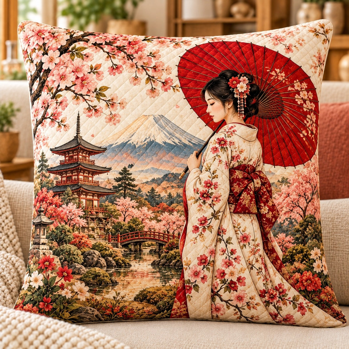 Japanese Kimono Woman Quilted Throw Pillow, AI-generated sofa mockup