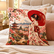 Japanese Kimono Woman Quilted Throw Pillow, AI-generated bedroom mockup