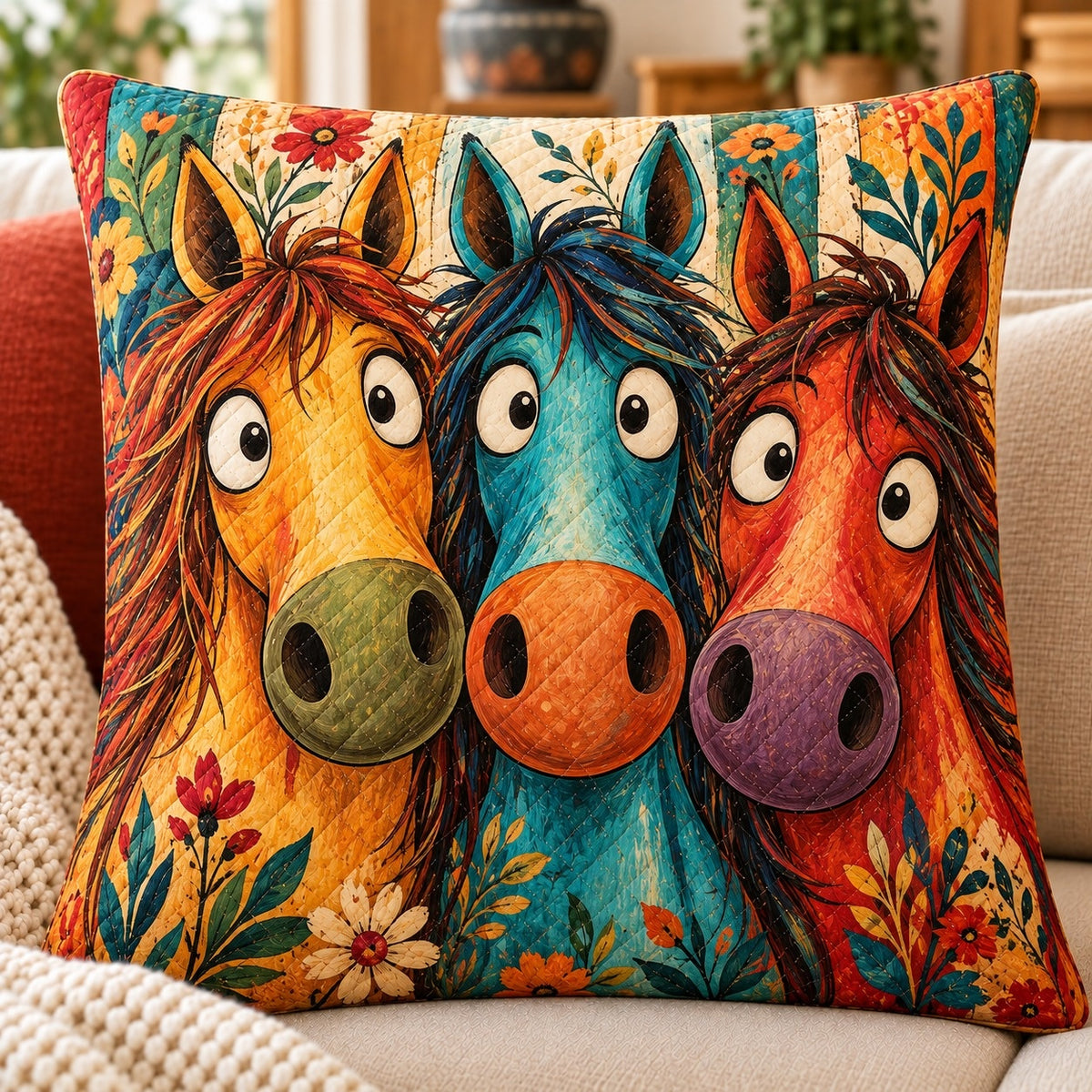Funny Colorful Horses Quilted Throw Pillow, Whimsical Farm Decor, Gift for Horse Lovers