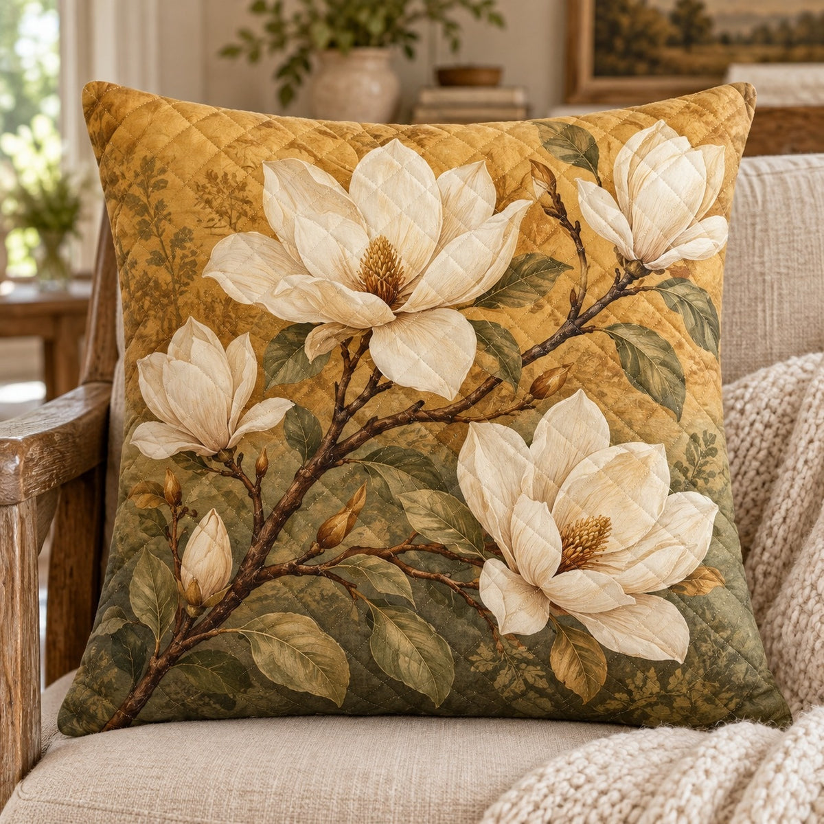 White Magnolia Quilted Throw Pillow, AI-generated sofa mockup
