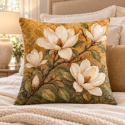 White Magnolia Quilted Throw Pillow, AI-generated bedroom mockup