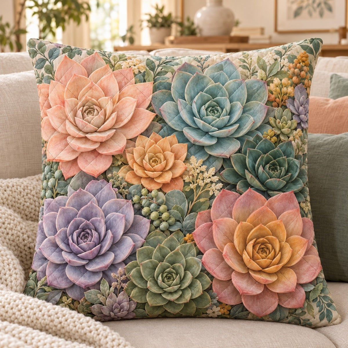 Pastel Succulents Quilted Throw Pillow, AI-generated sofa mockup