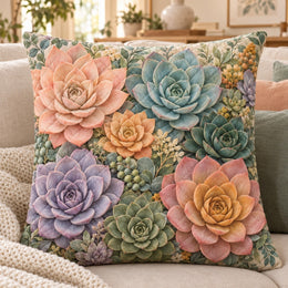 Pastel Succulents Quilted Throw Pillow, Botanical Garden Decor, Gift for Plant Lovers