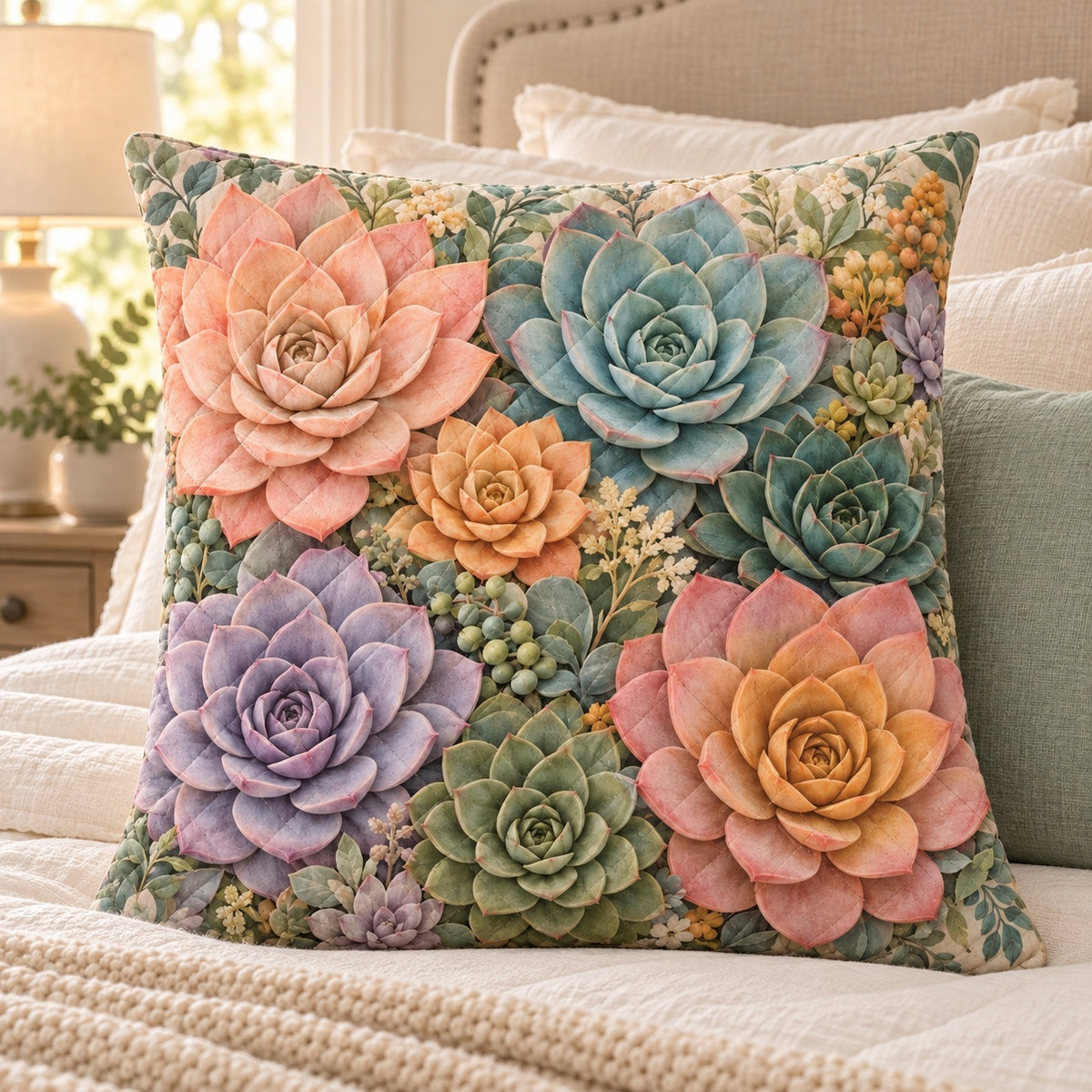 Pastel Succulents Quilted Throw Pillow, AI-generated bedroom mockup