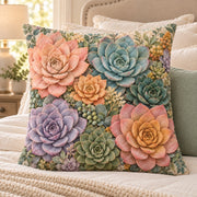 Pastel Succulents Quilted Throw Pillow, AI-generated bedroom mockup
