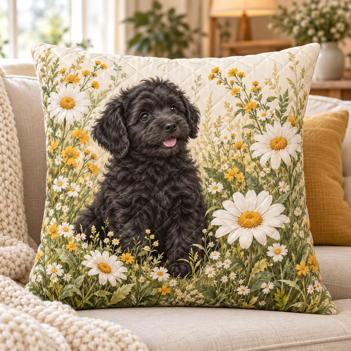 Black Puppy and Daisies Quilted Throw Pillow, Floral Pet Decor, Gift for Dog Lovers