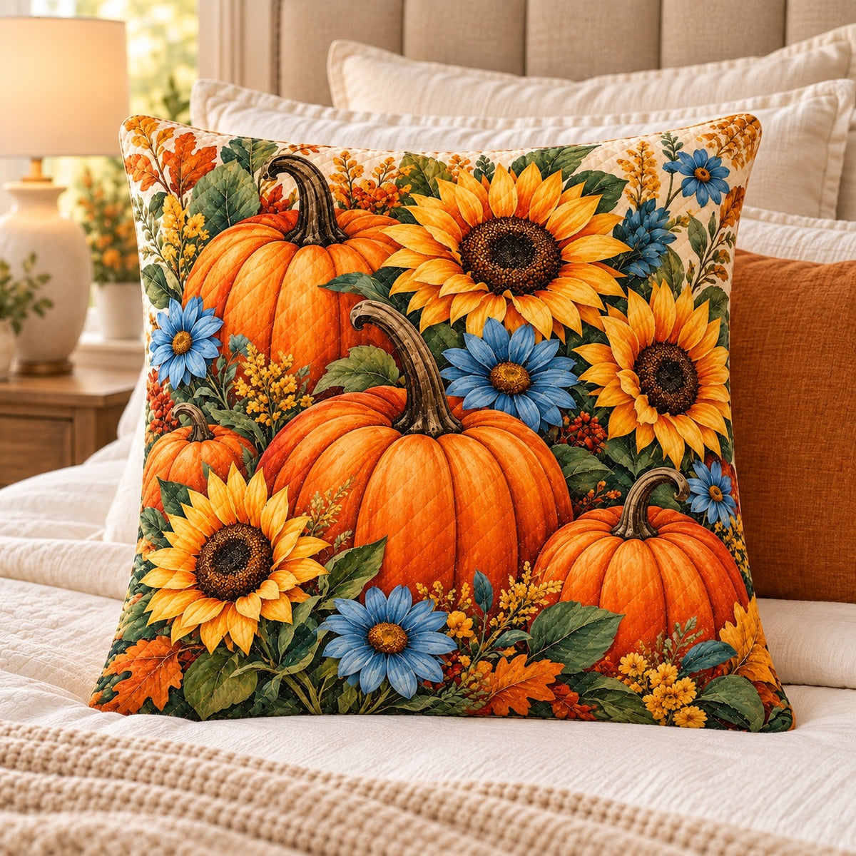 Pumpkins and Sunflowers Quilted Throw Pillow, AI-generated bedroom mockup
