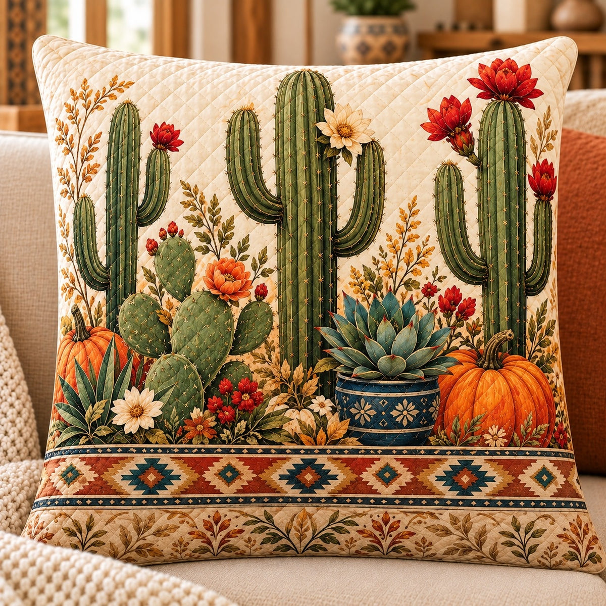 Cactus and Pumpkin Quilted Throw Pillow, AI-generated sofa mockup