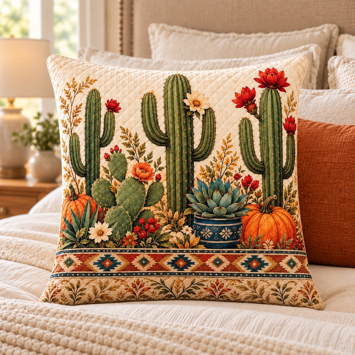 Cactus and Pumpkin Quilted Throw Pillow, AI-generated bedroom mockup