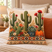 Cactus and Pumpkin Quilted Throw Pillow, AI-generated bedroom mockup