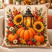Pumpkins and Lantern Quilted Throw Pillow, AI-generated sofa mockup