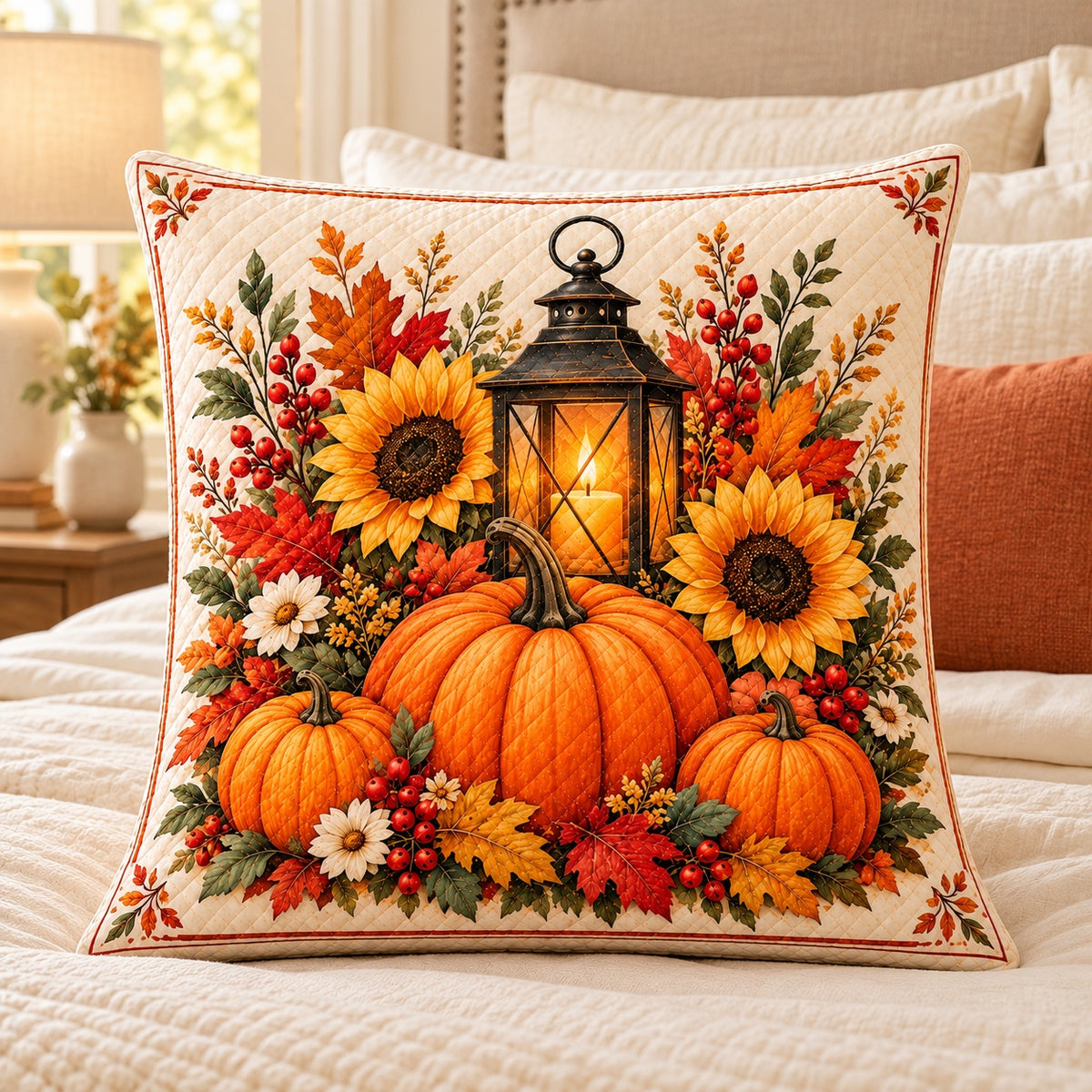 Pumpkins and Lantern Quilted Throw Pillow, AI-generated bedroom mockup