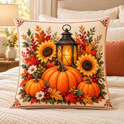 Pumpkins and Lantern Quilted Throw Pillow, AI-generated bedroom mockup