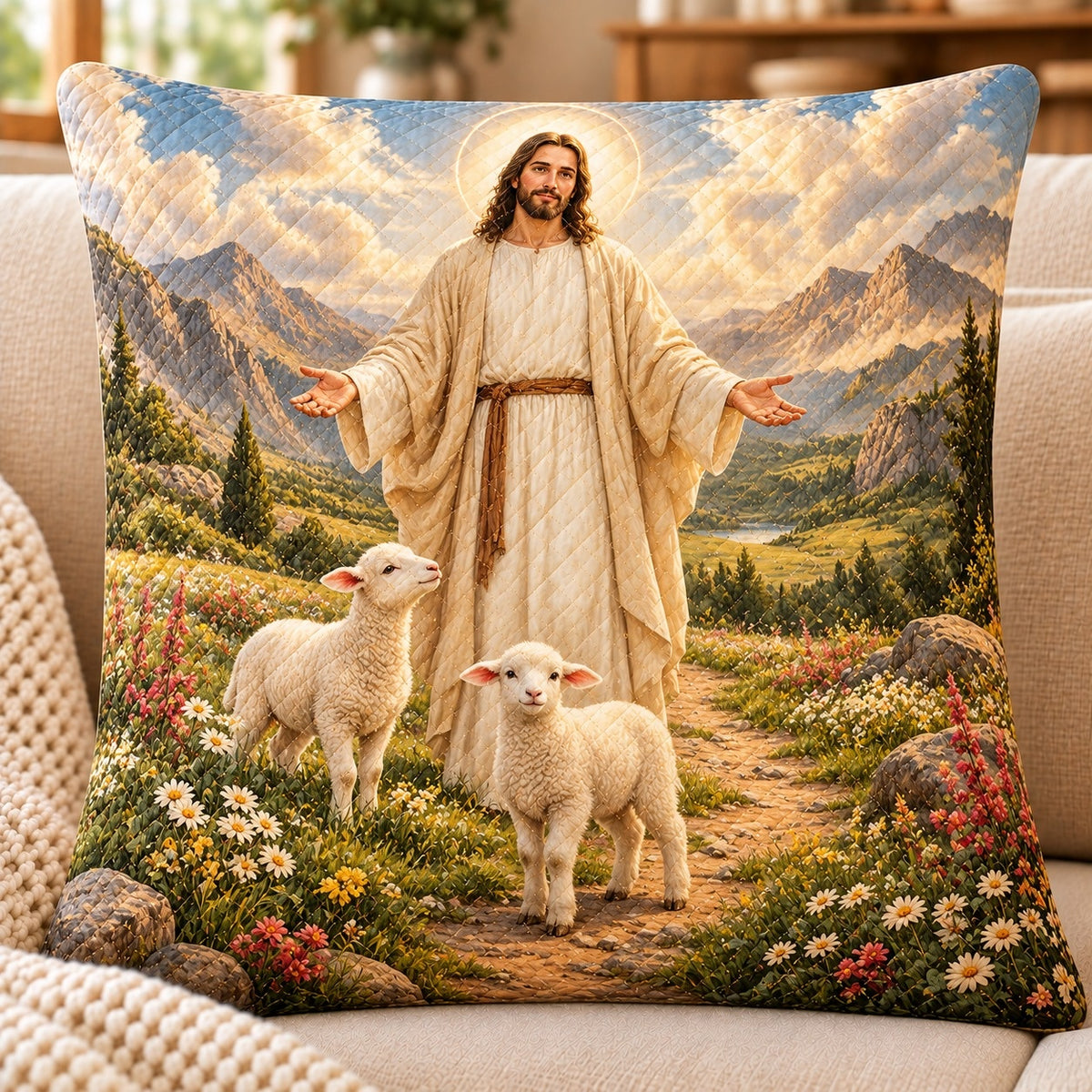 Jesus and Lambs Quilted Throw Pillow, AI-generated sofa mockup